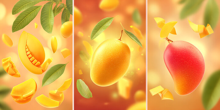 Ripe mango fruit and sliced pieces with green leaves vibrant vector illustration mangos
