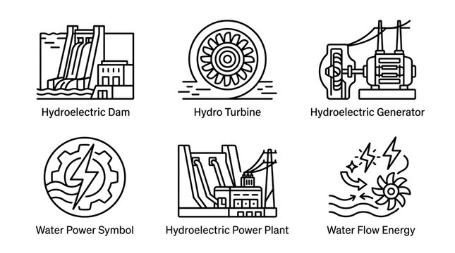 Hydroelectric Power and Renewable Energy Line Icon Set