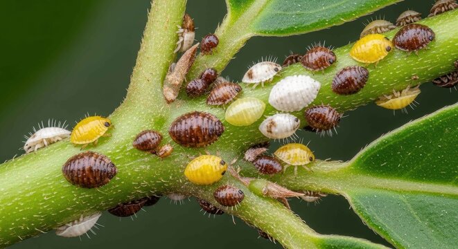 Scale insects cluster on a plant stem, macro photo of parasites