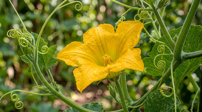 A vibrant yellow squash blossom blooming in a lush organic vegetable garden during summer