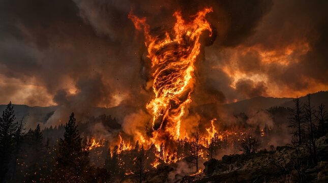 Fiery Vortex Swirls Above Wildfire Inferno in Forest