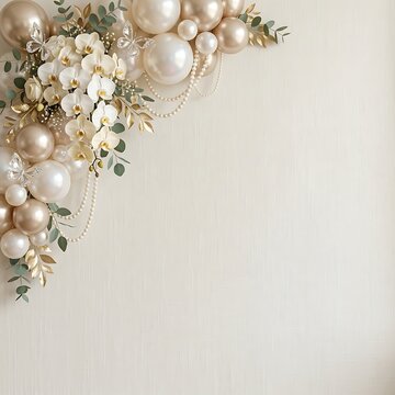 Elegant white and gold balloon garland decoration for a festive happy birthday party celebration background with copy space