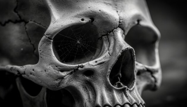 human skull with spiderweb in eye socket in monochrome