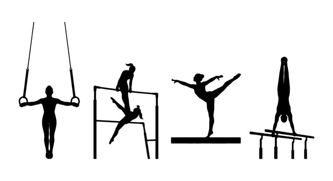 Gymnastics Silhouettes, Athletic Poses Vector Set: Rings, Bars, Balance Beam, Parallel Bars, Dynamic Sports Performance, Artistic Movement