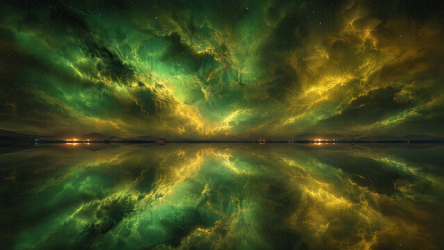 Dramatic green and yellow nebula clouds reflected on still water