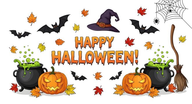 Halloween elements set with pumpkins, witch cauldrons, bats, and autumn leaves isolated on white background
