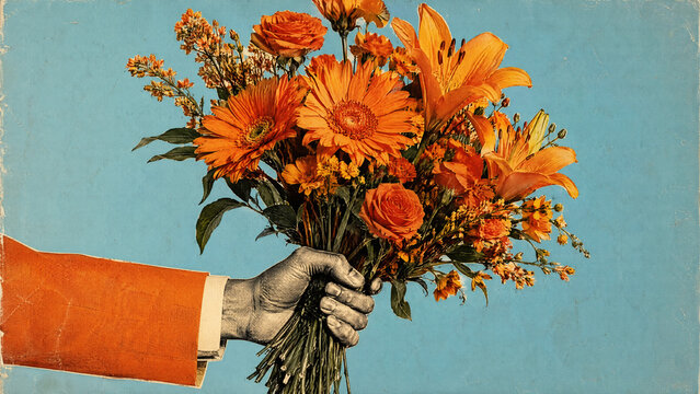 Hand holding vibrant orange bouquet of flowers on blue background