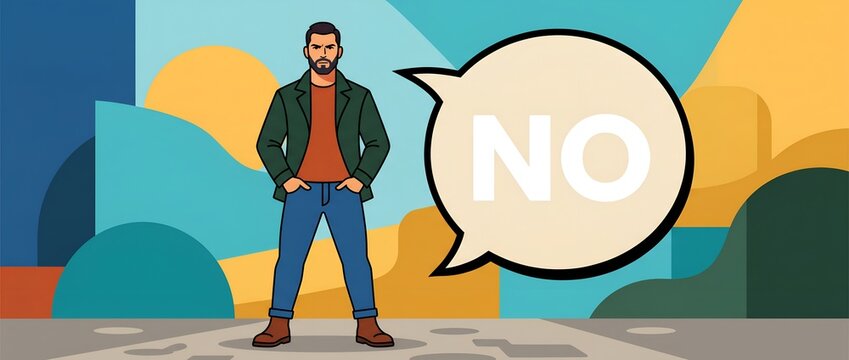 Serious Man Saying No with a Speech Bubble, Vector Illustration of Refusal and Boundaries