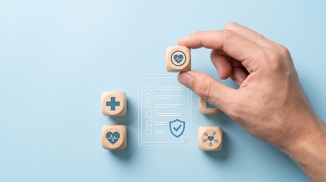 Health insurance checklist with wooden cubes and medical heart icons for life protection and medical coverage planning.