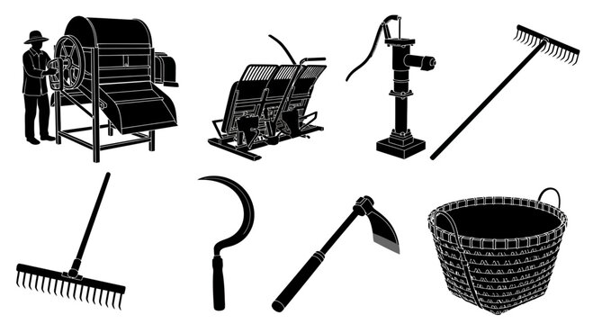 Farm tools with black white illustrations tools equipment including including rake basket collection black manure spreader water pump agriculture