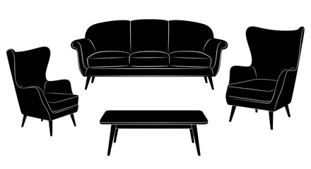 Fototapeta premium Modern living room furniture set with sofa with white illustration living coffee table black white minimalist silhouette armchair interior with decor