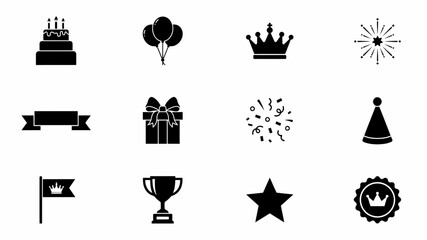 Naklejka premium Celebration icons set featuring party decorations and royal symbols in minimalist black design with decorative badge neutral background monochromatic collection twelve