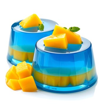 Colorful layered mango jelly desserts in glass cups.