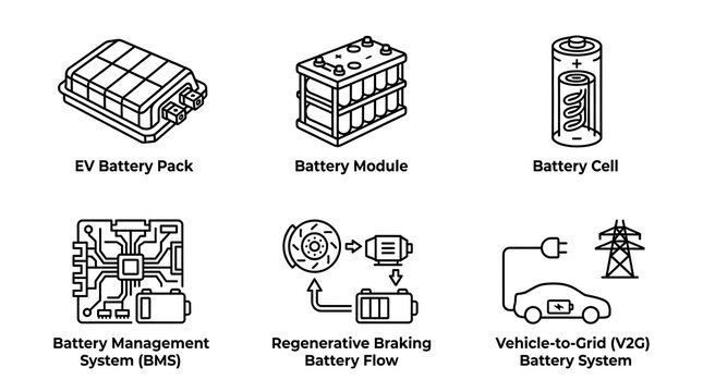 Electric vehicle battery technology and power storage icons set