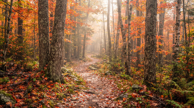 Sendero natural atravesando un bosque oto&ntilde;al lleno de hojas doradas, rojas y naranjas, con niebla y rayos de sol creando una atm&oacute;sfera m&aacute;gica.