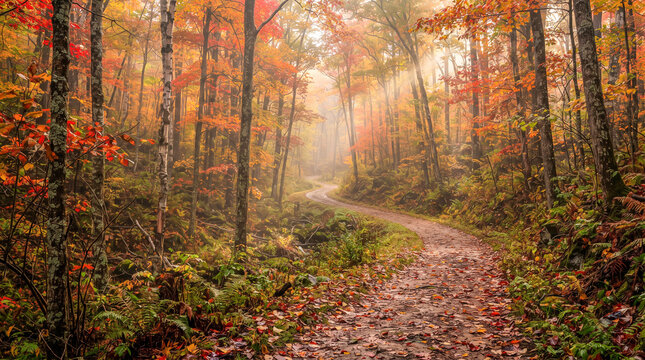 Sendero natural atravesando un bosque oto&ntilde;al lleno de hojas doradas, rojas y naranjas, con niebla y rayos de sol creando una atm&oacute;sfera m&aacute;gica.