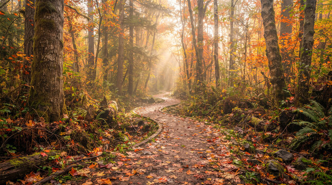 Sendero natural atravesando un bosque oto&ntilde;al lleno de hojas doradas, rojas y naranjas, con niebla y rayos de sol creando una atm&oacute;sfera m&aacute;gica.