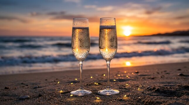 Two glasses of champagne on the beach at sunset romantic evening with sparkling wine, beautiful golden hour light, ocean waves in the background