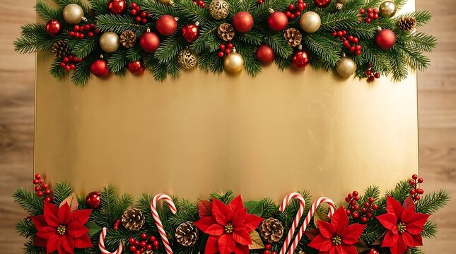 Christmas background with fir branches, red baubles, poinsettia flowers, pine cones and candy canes on a gold surface with copy space