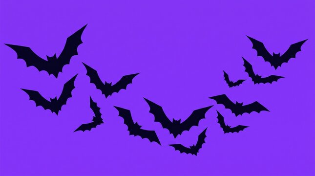 Silhouettes of flying bats against a vibrant purple background perfect for halloween themed designs and spooky concepts