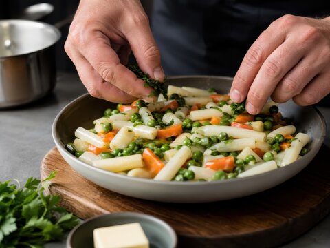 Leipziger Allerlei mit Spargel, Erbsen und Karotten wird frisch mit Kr&auml;utern verfeinert. H&auml;nde zeigen die Zubereitung des klassischen deutschen Gem&uuml;segerichts in der K&uuml;che.