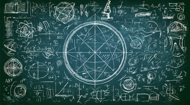 Handcrafted educational illustrations featuring doodles and geometric equations on a textured background. Linear mathematical symbols and scientific elements in vector format. Sketches of academic lea