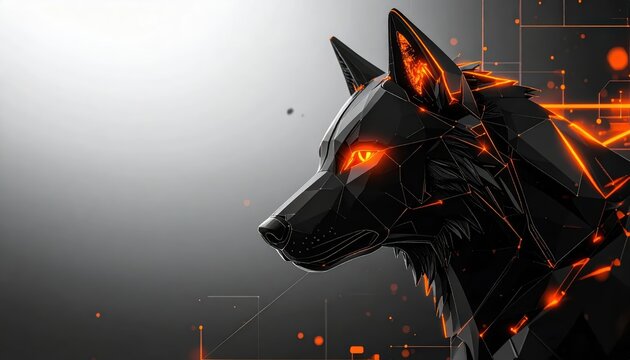 Futuristic Low Poly Black Wolf Profile with Glowing Orange Eyes and Data Particles on Dark Background with Large Copy Space