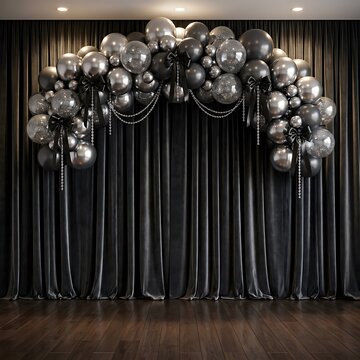 Elegant black and silver balloon arch decoration for a luxury happy birthday party celebration and event backdrop