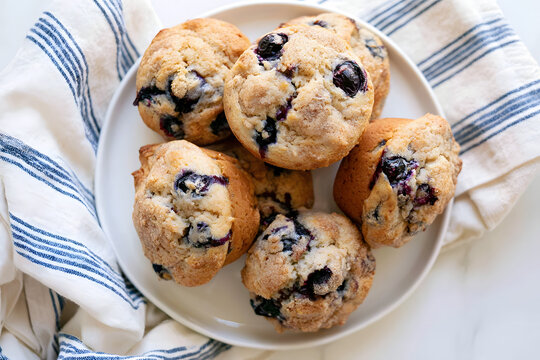 Blueberry muffins viewed from above on a plate with a striped towel