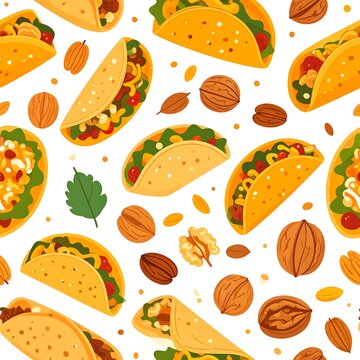 Colorful Tacos and Nuts Pattern Background.