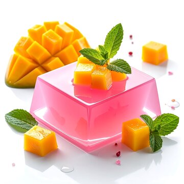 Fresh mango jelly dessert with mint leaves and fruit pieces.