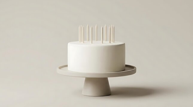 Minimalist white birthday cake with simple candles on a cake stand centered against a soft neutral background for a clean and elegant celebration style
