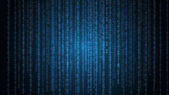 Vertical digital binary data code falling on dark blue abstract backdrop