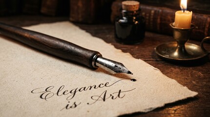 Fototapeta premium A vintage writing scene with an antique fountain pen, inkwell, and candle lit, creating an