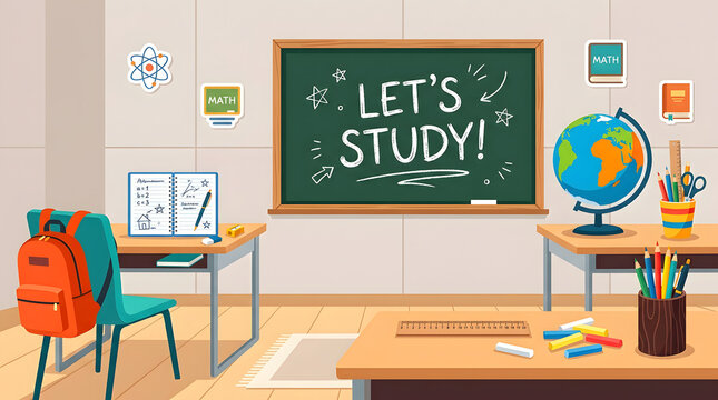 Let's study classroom scene with chalkboard and school supplies, classroom