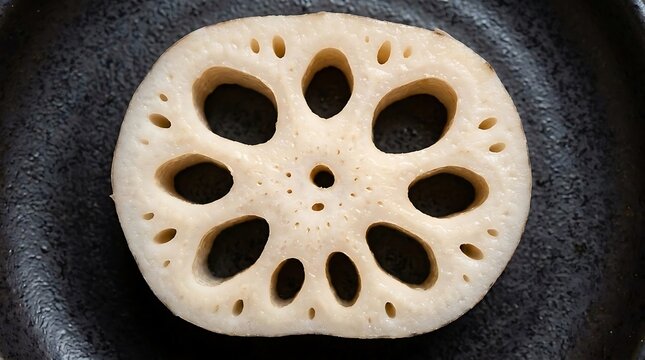Sliced lotus root on a dark textured ceramic plate.