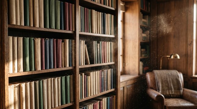 Cozy leather armchair bathed in sunlight beside a towering bookshelf filled with vintage volumes