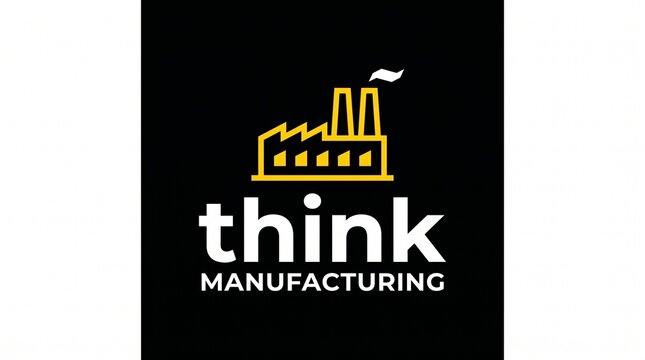 A modern minimalist factory icon logo featuring yellow industrial buildings and white think MANUFACTURING text on a black background symbolizing innovation and production