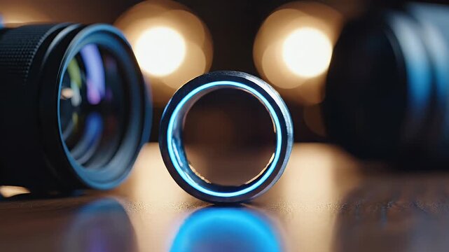 Sleek smart ring glows with electric blue light, framed by camera gear