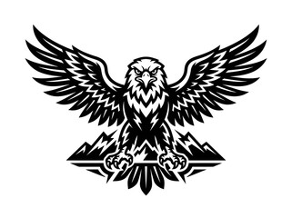 Fototapeta premium Black and White Eagle with Wings Spread Over Mountains, Vector Art