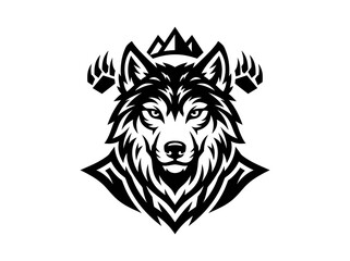 Fototapeta premium Bold Wolf Head Mascot with Mountains and Bear Paws - Black White Stylized Graphic for Sports Nature