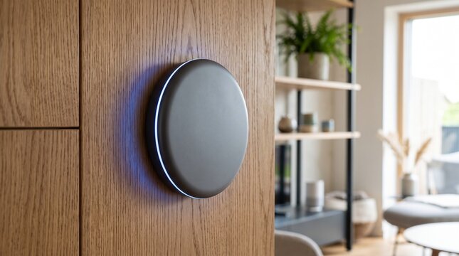 Modern smart home device seamlessly integrated into elegant wooden interior design with ambient
