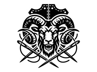 Fototapeta premium Black White Ram Head Mascot Logo with Sewing Needles for Leathercraft, Tailoring Textile Industry - Graphic Art