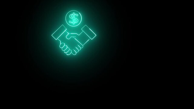 Neon cyan handshake icon with glowing dollar sign representing financial deal and business agreement on black background