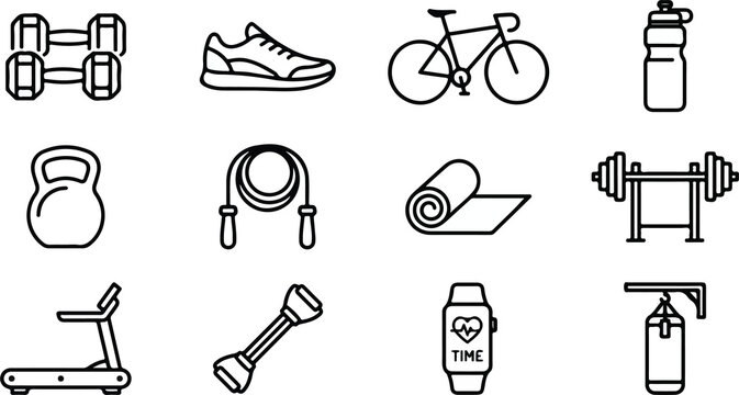 Fitness and gym equipment icons set workout outline vector illustration