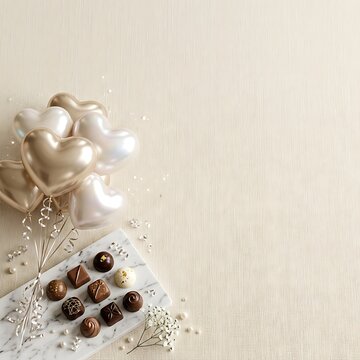 A festive happy birthday background featuring elegant white pearls and delicious gourmet chocolates on a textured surface