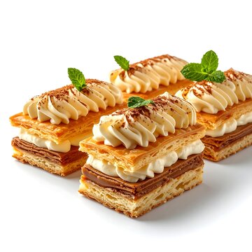 Delicious layered pastries with cream and mint garnish.