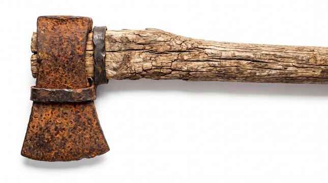 Vintage rusty ax with weathered wooden handle on white background