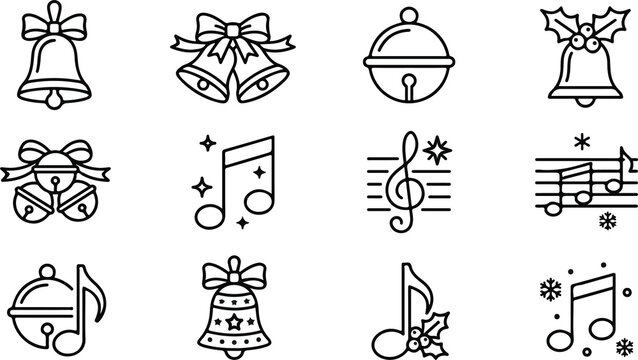 Christmas bells and musical notes icons set holiday jingle outline vector illustration
