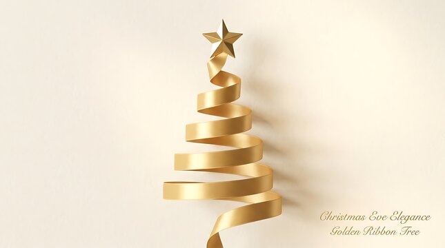 Minimalist christmas tree made of a golden ribbon with a star on top, elegant holiday decoration, festive concept, 3d render, high quality